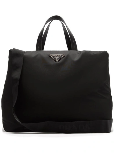 Prada Vela Tote Bag W/ Zip Top & Web Strap In Black