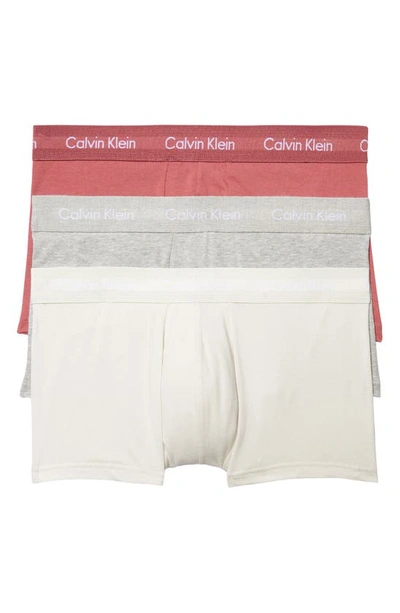 Calvin Klein Cotton Stretch Moisture Wicking Low Rise Trunks, Pack Of 3 In Grey Heather/silver Birch/raspberry Blush