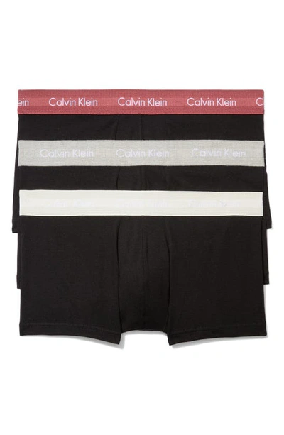 Calvin Klein Cotton Stretch Moisture Wicking Low Rise Trunks, Pack Of 3 In Black W/ Gray Heather, Silver Birch, Raspberry Blush Wbs