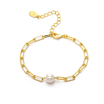 Rivka Friedman Paper Clip Chain And Fresh Water Pearl Accent Bracelet In Gold