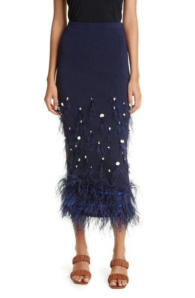 Staud Makayla Ostrich Feather Embellished Midi Skirt In Marine Blue