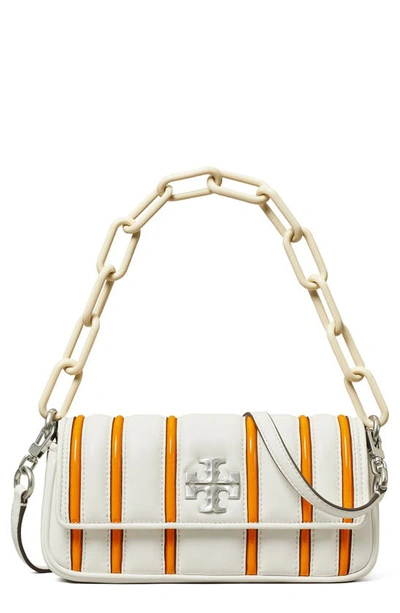 Tory Burch Kira Small Bombe Stripe Flap Shoulder Bag In White