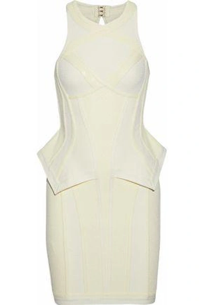 Herve Leger Woman Stretch Knit-paneled Bandage Peplum Mini Dress Cream