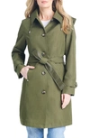 Sanctuary Single Breasted Hooded Water Resistant Trench Coat In Olive