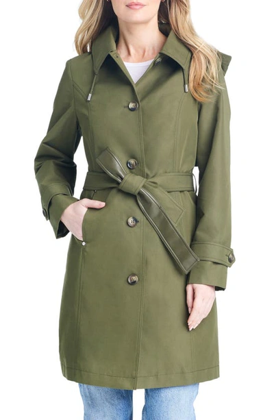 Sanctuary Single Breasted Hooded Water Resistant Trench Coat In Olive