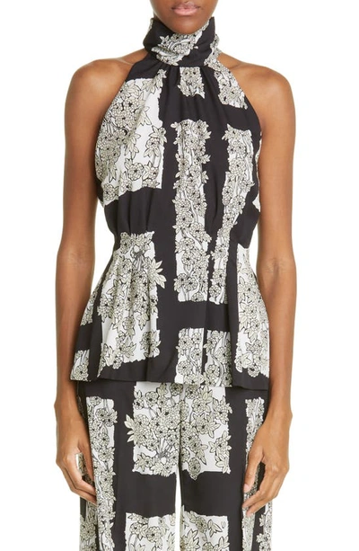 Lela Rose Floral Print Mock Neck Crepe Tank In Black
