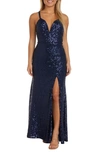 Morgan & Co. Sequin Embellished Gown In Navy