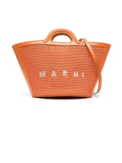 Marni Leather And Raffia Tropicalia Bag In Orange
