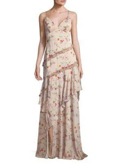 Theia Floral Ruffle Gown In Champagne