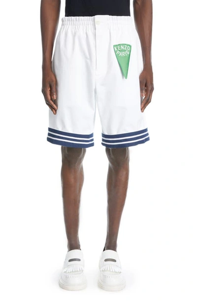 Kenzo Stripe-border Cotton Shorts In White,blue