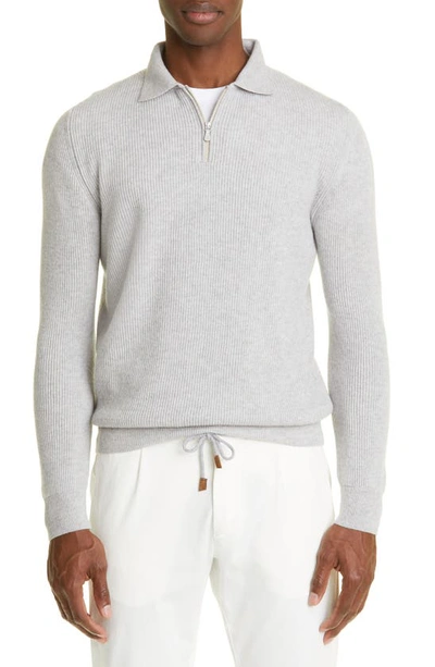 Eleventy Long Sleeve Fine Gauge Cashmere Zip Polo Sweater In Melange Light Gray