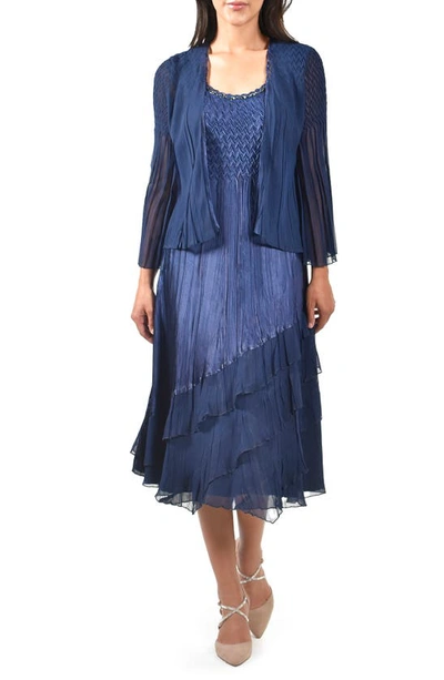 Komarov Beaded Charmeuse & Chiffon Tiered Cocktail Dress With Jacket In Blue