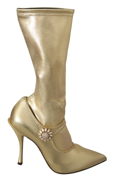 Dolce & Gabbana Gold Rhinestones Ankle Boots Socks Women's Shoes