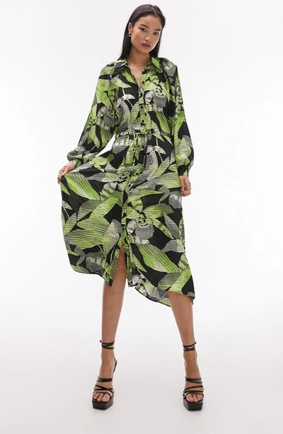 Topshop Hanky Hem Linear Floral Midi Shirt Dress In Green