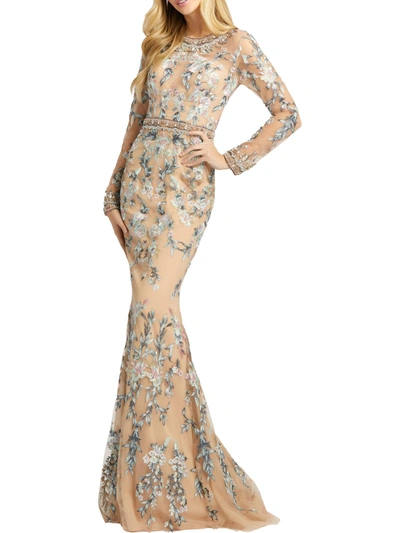 Mac Duggal Womens Embroidered Maxi Evening Dress In Beige