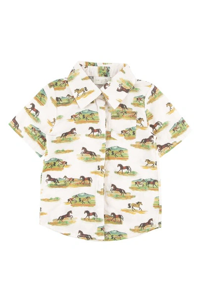 Miki Miette Kids' Lexington Horse Print Short Sleeve Button-up Shirt In Cream