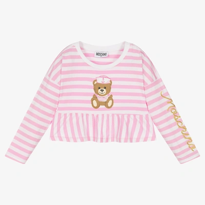 Moschino Kid-teen Kids' Girls Pink Stripe Cotton Teddy Logo T-shirt