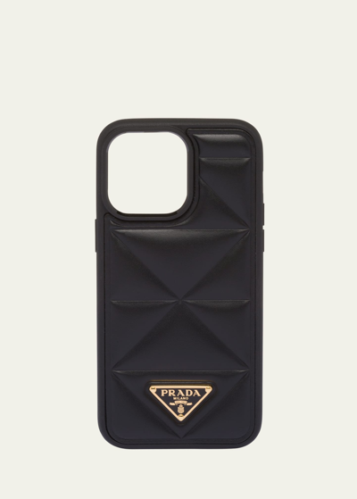 Prada Iphone 14 Pro Max 皮质绗缝手机壳 In F0002 Nero