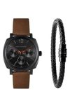 Ted Baker London Caine Leather Strap Watch & Bracelet Set, 42mm In Black/ Black/ Brown