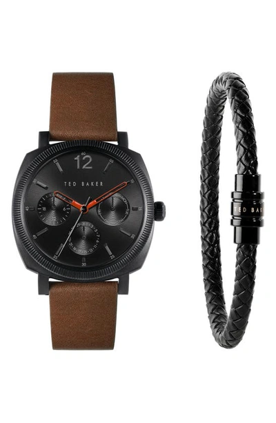 Ted Baker Caine Leather Strap Watch & Bracelet Set, 42mm In Black/ Black/ Brown