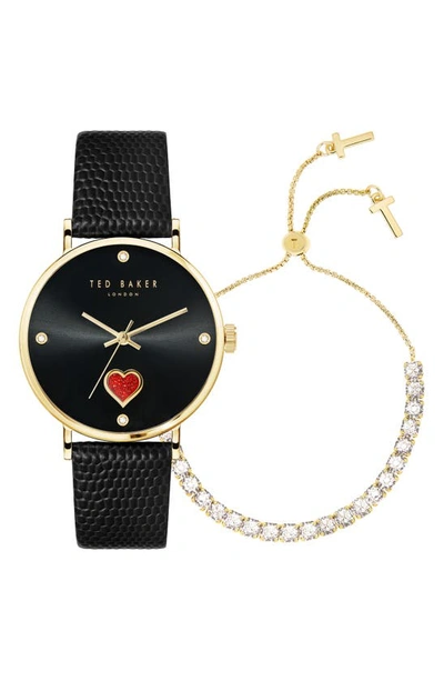 Ted Baker Phylipa Leather Strap Watch & Bracelet Set, 34mm In Yellow Gold/ Black/ Black