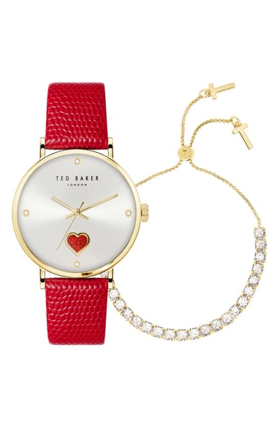 Ted Baker Phylipa Leather Strap Watch & Bracelet Set, 34mm In Yellow Gold/ Silver/ Red