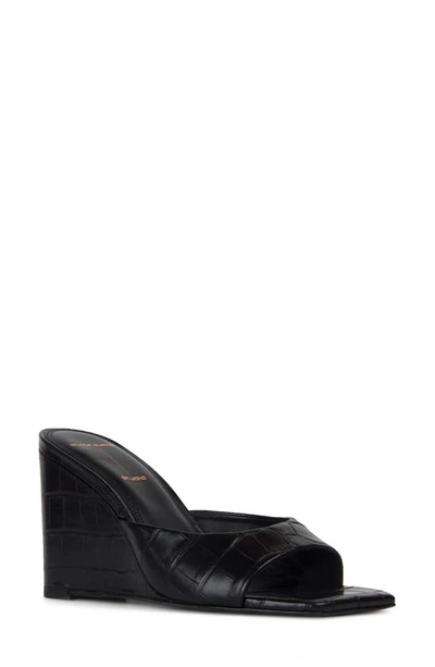 Black Suede Studio Paloma Croco Wedge Sandals In Black Croc Leather