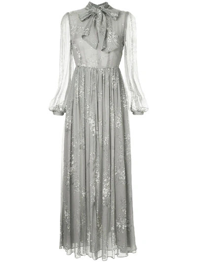 Co Tie-neck Long-sleeve Floral-print Silk Crinkled Chiffon Long Dress In Grey