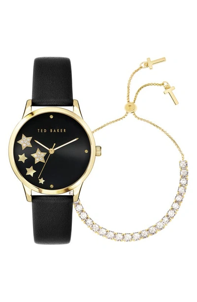 Ted Baker Fitzrovia Leather Strap Watch & Bracelet Set, 34mm In Yellow Gold/ Black/ Black
