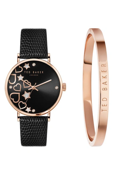 Ted Baker Phylipa Leather Strap Watch & Bangle Bracelet Set, 34mm In Rose Gold/ Black/ Black