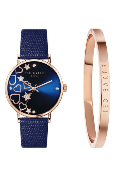 Ted Baker Phylipa Leather Strap Watch & Bangle Bracelet Set, 34mm In Rose Gold/ Blue/ Blue