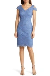 Tadashi Shoji Cold Shoulder Lace Cocktail Dress In Blue Stone