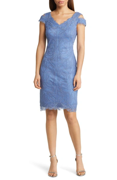 Tadashi Shoji Cold Shoulder Lace Cocktail Dress In Blue Stone