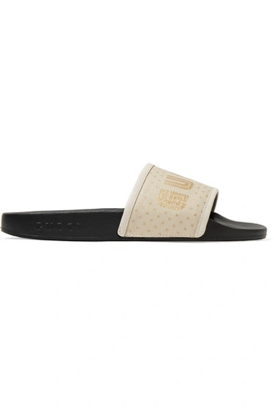 Gucci Leather-trimmed Logo-print Canvas Slides In White/oth