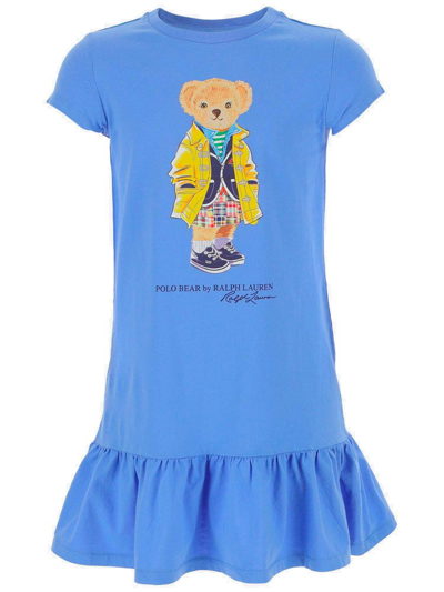 Ralph Lauren Kids' Teddy Bear Print Cotton Dress In Azzurro