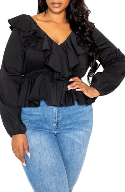 Buxom Couture Ruffle Peplum Blouse In Black