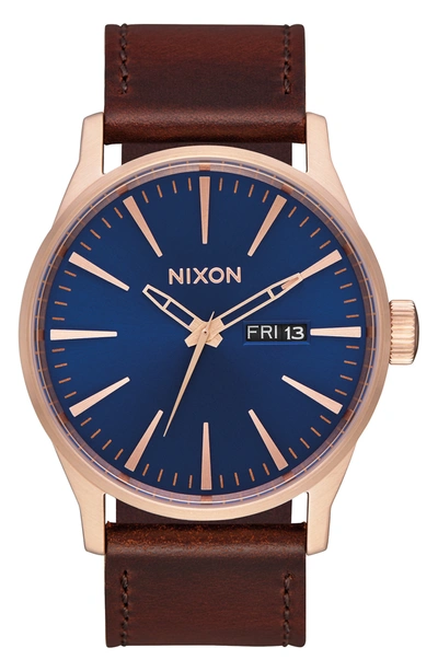 Nixon Men's Sentry Leather/canvas Strap Watch 42mm In Brown/ Navy/ Rose Gold