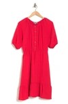 Good Luck Gem Shirred Puff Sleeve Button Front Placket Midi Dress In Red