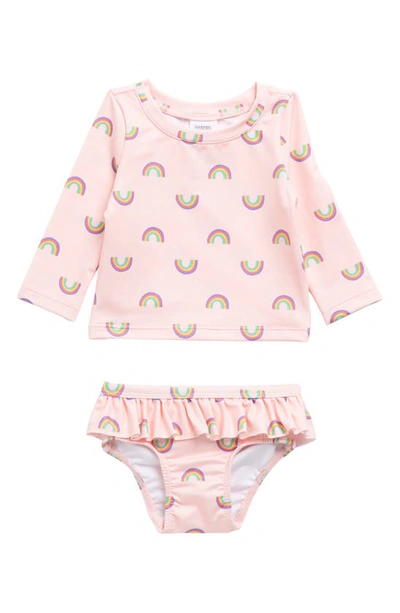 Harper Canyon Babies' Ruffle Rashguard Two-piece Swimsuit In Pink English Rainbow Ditsy