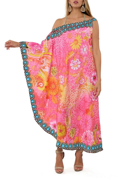 Ranee's Crystal Embellished Floral Print One-shoulder Dress In Pink