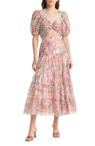 & Other Stories Floral Cutout Puff Sleeve Organza Midi Dress In Pink Multi Color Aop
