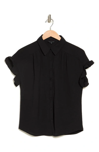 Pleione Crinkle Ruffle Sleeve Camp Shirt In Black
