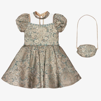 Caramelo Babies' Girls Gold & Blue Brocade Dress Set