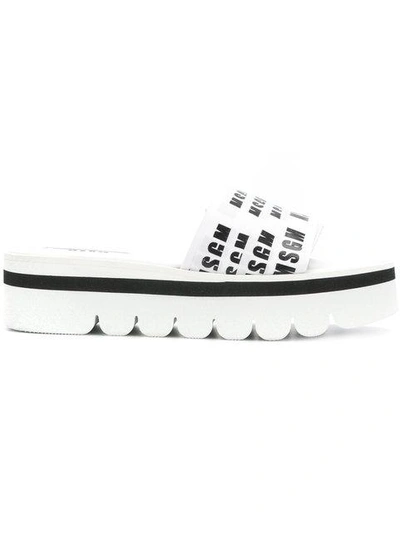 Msgm Logo Ribbon Wedge Slides - White In Black&white