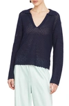 Vince Baja Textured Cotton Eyelet Pullover Sweater In Navy
