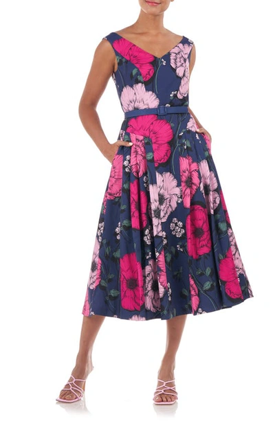 Kay Unger Sleeveless Pleated Floral-print Midi Dress In Multi