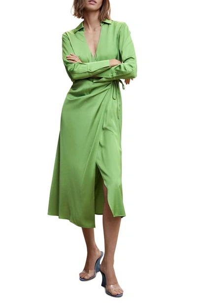 Mango Satin Draped Dress Green