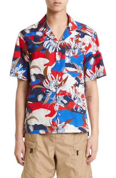 Moncler Tropical Print Short Sleeve Camp Shirt In Blue