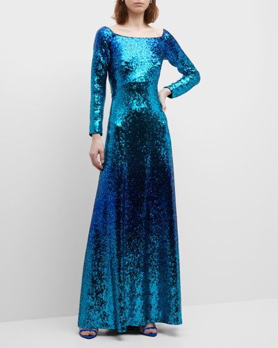 Tadashi Shoji Women's Long-sleeve Sequined Gown In Mystic Blue Ombre