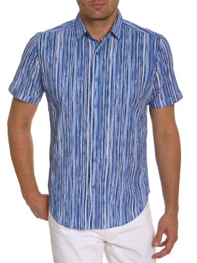 Robert Graham Flashback Stripe Short Sleeve Stretch Cotton Button-up Shirt In Navy